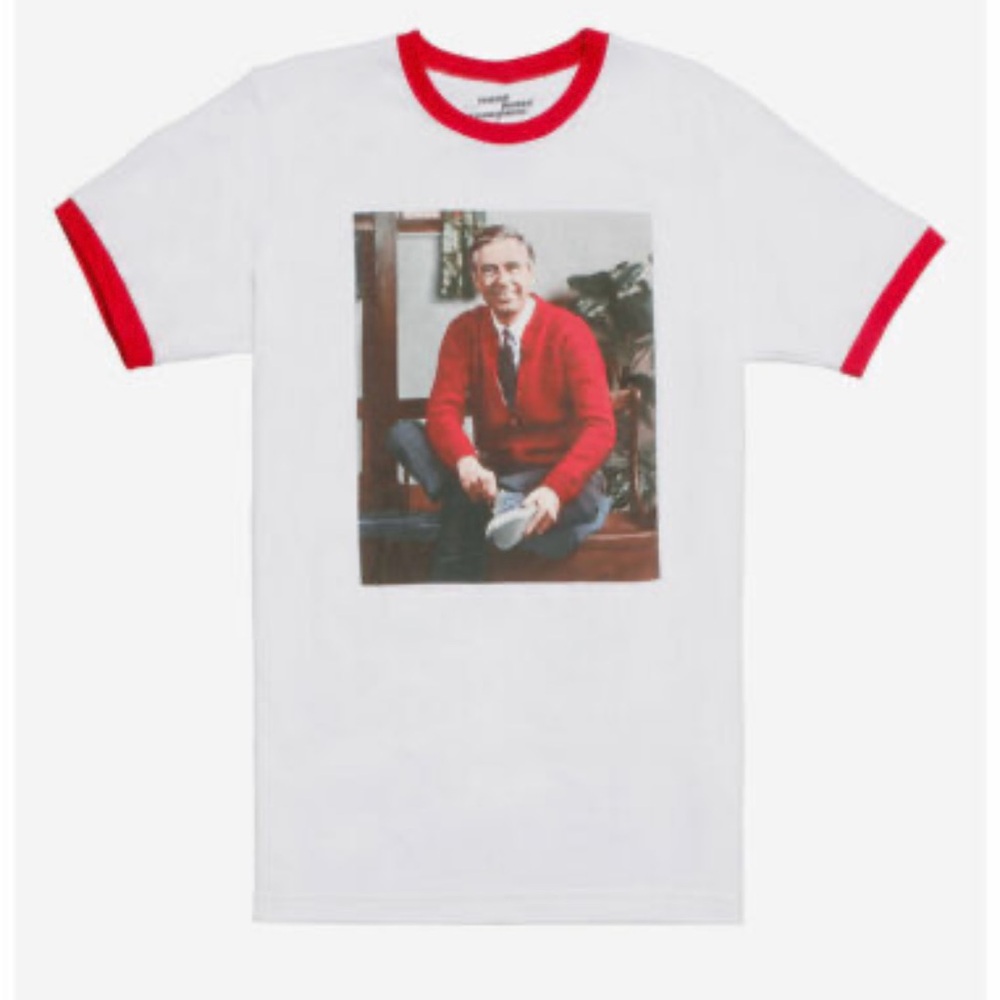 Me. Rodger’s White T-Shirt with Red Trim and Graphic Print